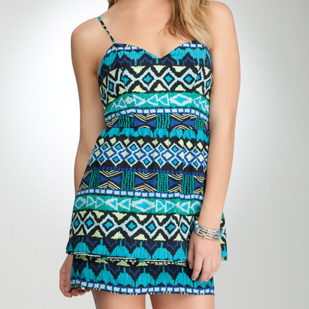💋 BEBE dress tieded skirted blue green aztec print L new RARE 💋